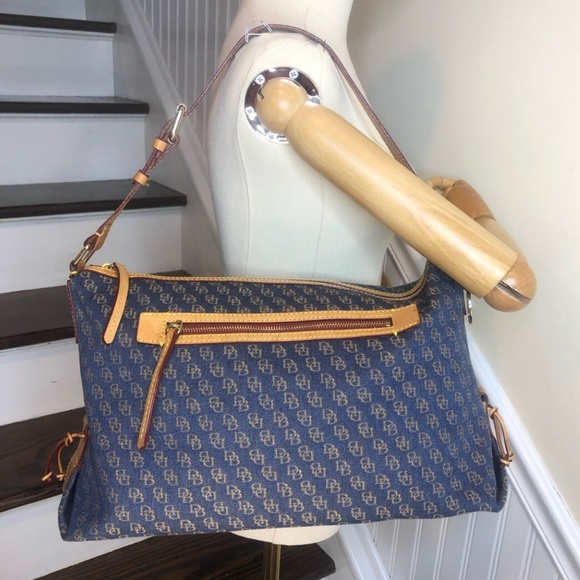 Vintage Dooney and Bourkey Blue Jacquard Monogram Top Zipper Tote Shoulder Bag - Picture 1 of 17